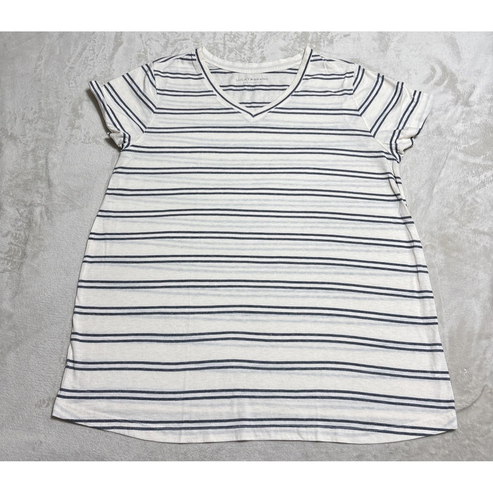 Lucky Brand Tunic Top Womens Plus Size 1X Short Sleeve Ivory Stripe V‎ Neck